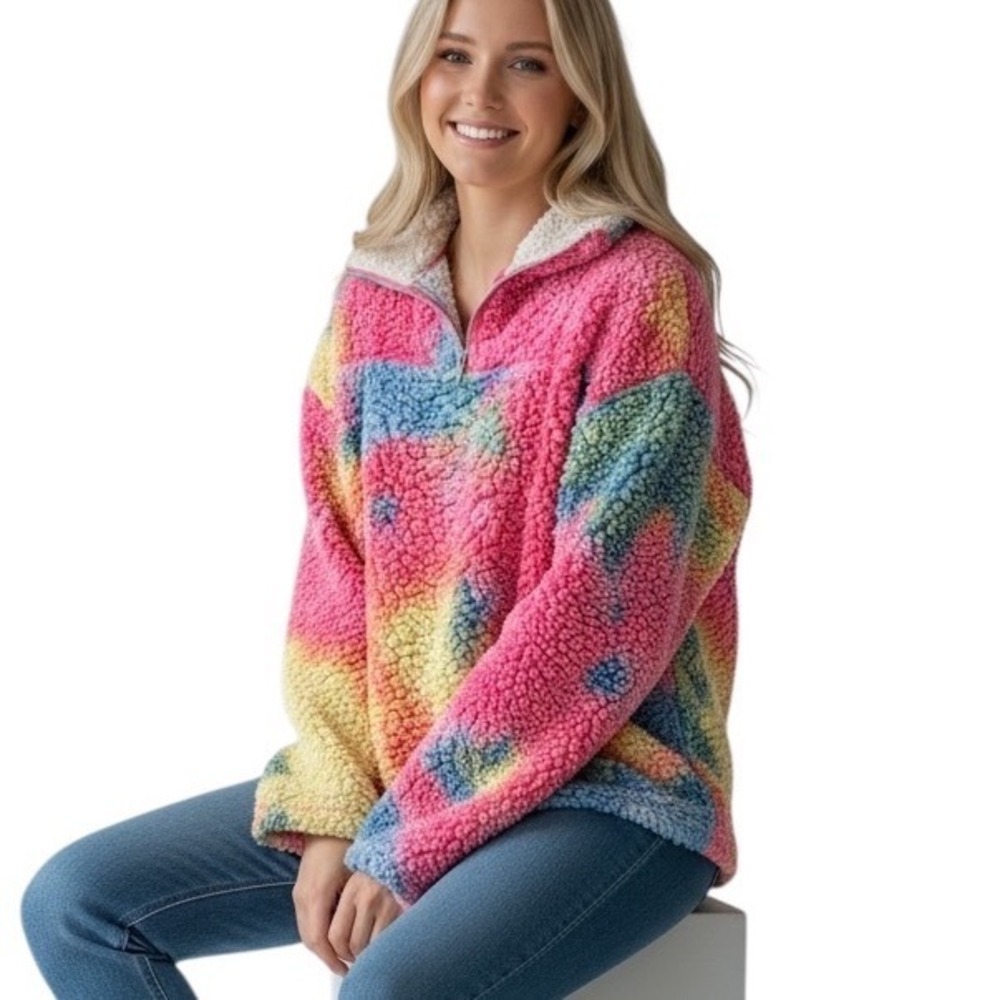 Peach Love California Womens Tie Dye Sherpa Teddy Fleece Quarter Zip Pullover S